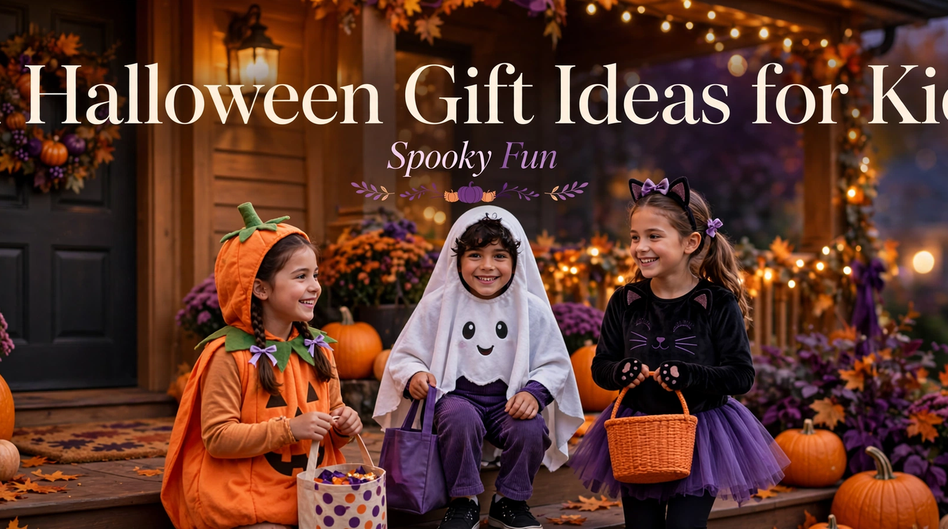 Halloween gift ideas for kids flat lay with spooky toys and treats